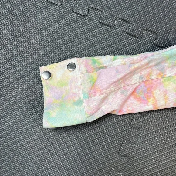 For Love &‎ Lemons Tie Dye Cropped Denim Jacket Frayed Hem Pastel Med Boho - Picture 7 of 10